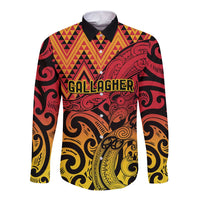 New Zealand Rangatira Custom Long Sleeve Button Shirt Red and Gold Niho Taniwha Maori Tribal