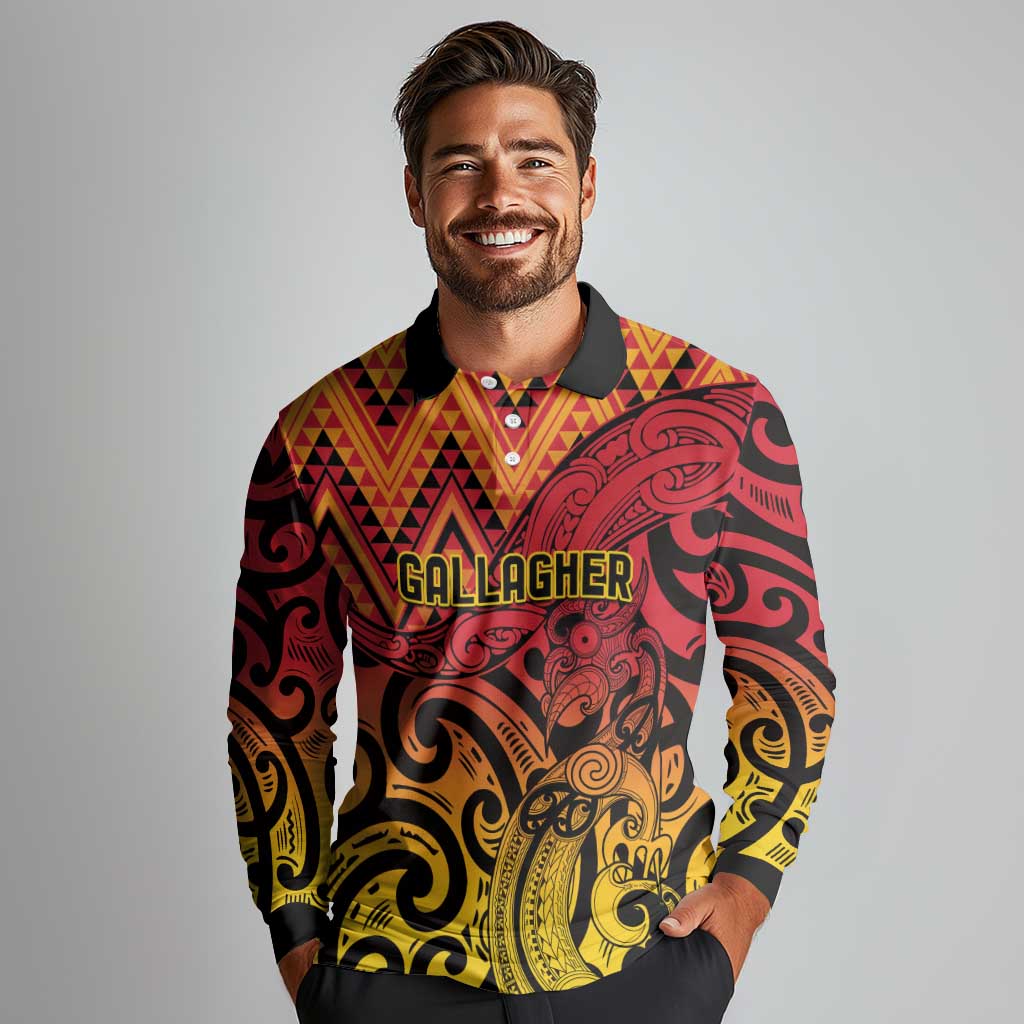 New Zealand Rangatira Custom Long Sleeve Polo Shirt Red and Gold Niho Taniwha Maori Tribal