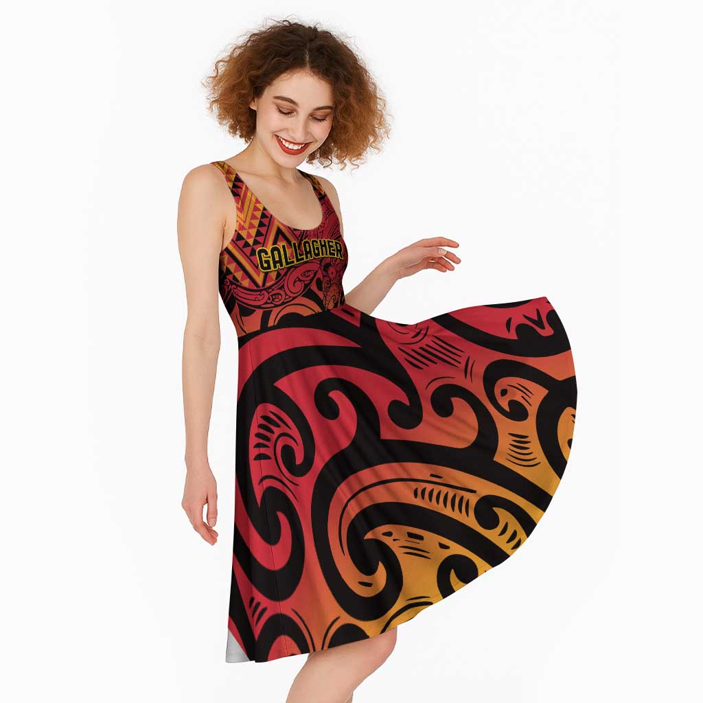 New Zealand Rangatira Custom Midi Dress Red and Gold Niho Taniwha Maori Tribal - Polynesian Pride