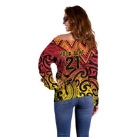 New Zealand Rangatira Custom Off Shoulder Sweater Red and Gold Niho Taniwha Maori Tribal