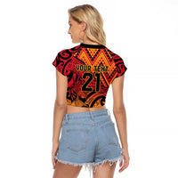 New Zealand Rangatira Custom Raglan Cropped T Shirt Red and Gold Niho Taniwha Maori Tribal