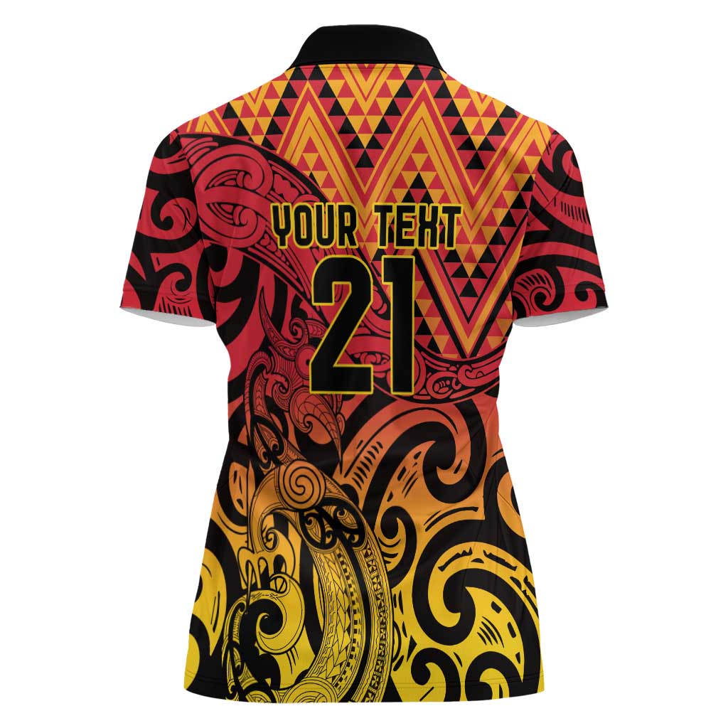 New Zealand Rangatira Custom Women Polo Shirt Red and Gold Niho Taniwha Maori Tribal