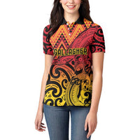 New Zealand Rangatira Custom Women Polo Shirt Red and Gold Niho Taniwha Maori Tribal