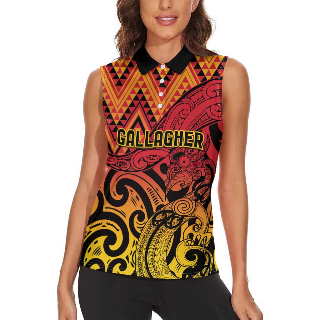 New Zealand Rangatira Custom Women Sleeveless Polo Shirt Red and Gold Niho Taniwha Maori Tribal