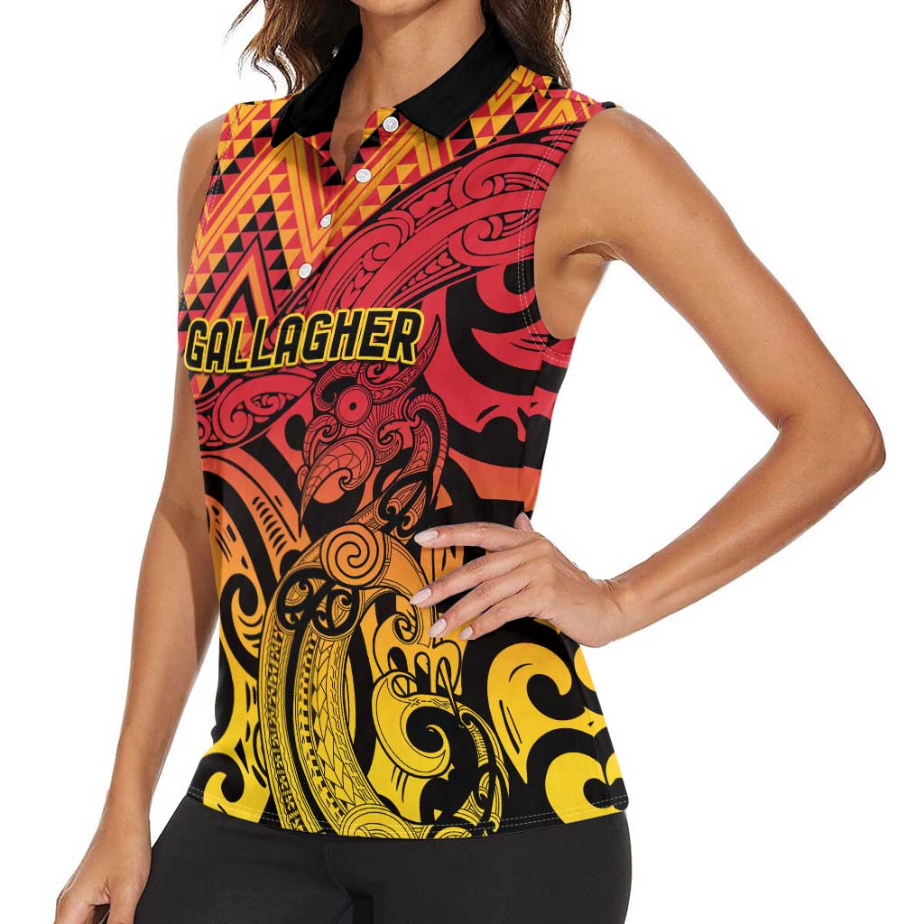 New Zealand Rangatira Custom Women Sleeveless Polo Shirt Red and Gold Niho Taniwha Maori Tribal