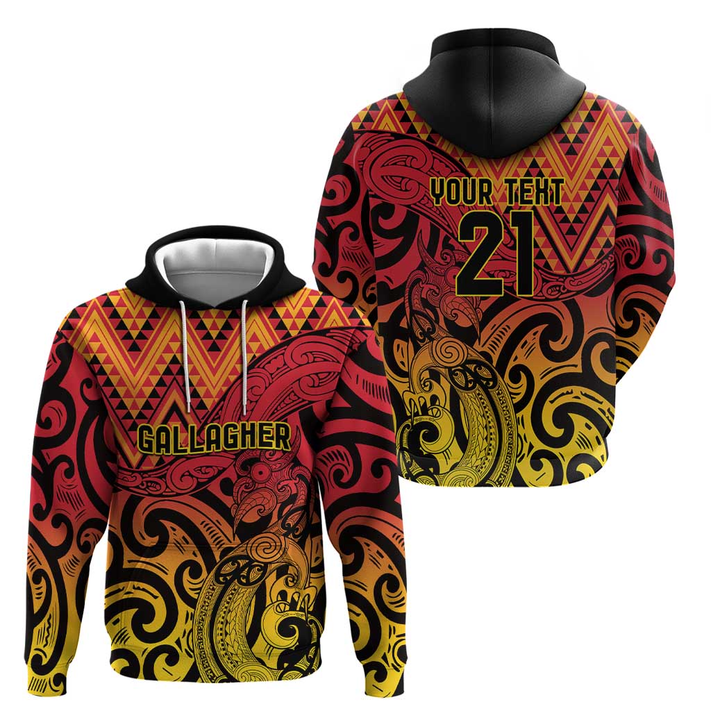 New Zealand Rangatira Custom Zip Hoodie Red and Gold Niho Taniwha Maori Tribal