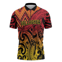 New Zealand Rangatira Custom Zipper Polo Shirt Red and Gold Niho Taniwha Maori Tribal - Polynesian Pride