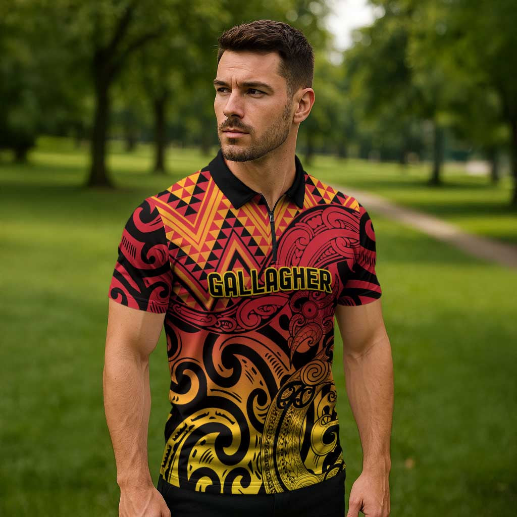 New Zealand Rangatira Custom Zipper Polo Shirt Red and Gold Niho Taniwha Maori Tribal - Polynesian Pride