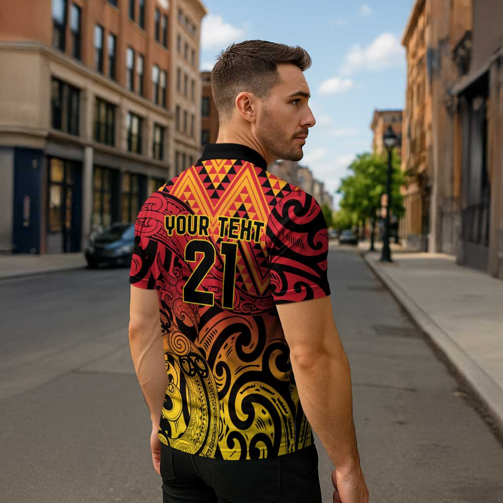New Zealand Rangatira Custom Zipper Polo Shirt Red and Gold Niho Taniwha Maori Tribal - Polynesian Pride