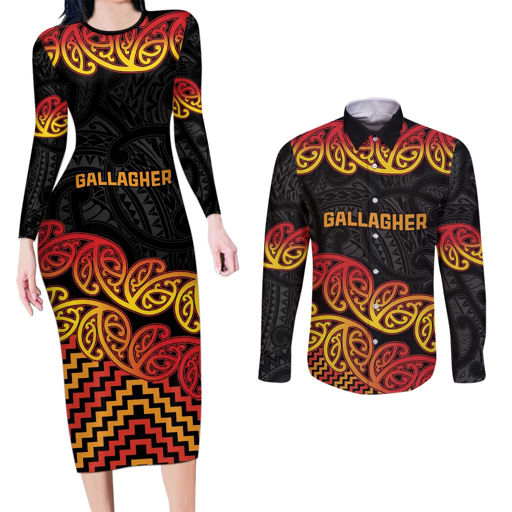 New Zealand Rugby Pacific Custom Couples Matching Long Sleeve Bodycon Dress and Long Sleeve Button Shirt Rangatira Maori Kowhaiwhai Pattern