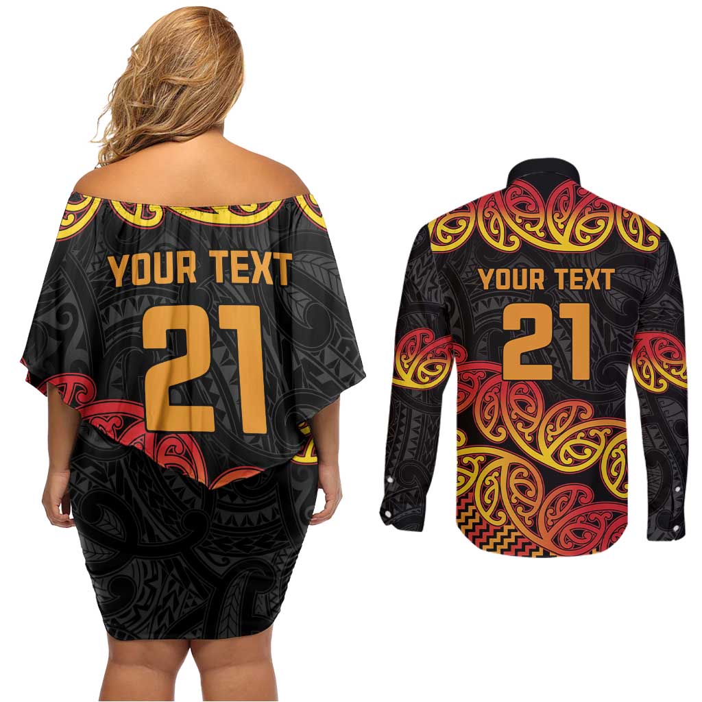 New Zealand Rugby Pacific Custom Couples Matching Off Shoulder Short Dress and Long Sleeve Button Shirt Rangatira Maori Kowhaiwhai Pattern