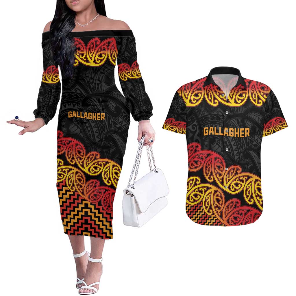 New Zealand Rugby Pacific Custom Couples Matching Off The Shoulder Long Sleeve Dress and Hawaiian Shirt Rangatira Maori Kowhaiwhai Pattern