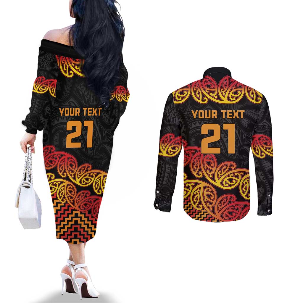 New Zealand Rugby Pacific Custom Couples Matching Off The Shoulder Long Sleeve Dress and Long Sleeve Button Shirt Rangatira Maori Kowhaiwhai Pattern