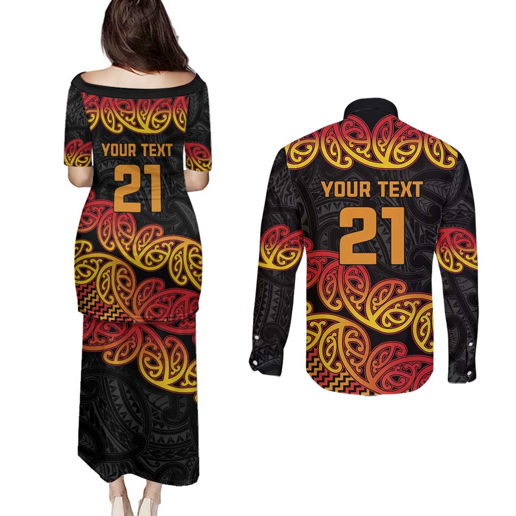 New Zealand Rugby Pacific Custom Couples Matching Puletasi and Long Sleeve Button Shirt Rangatira Maori Kowhaiwhai Pattern