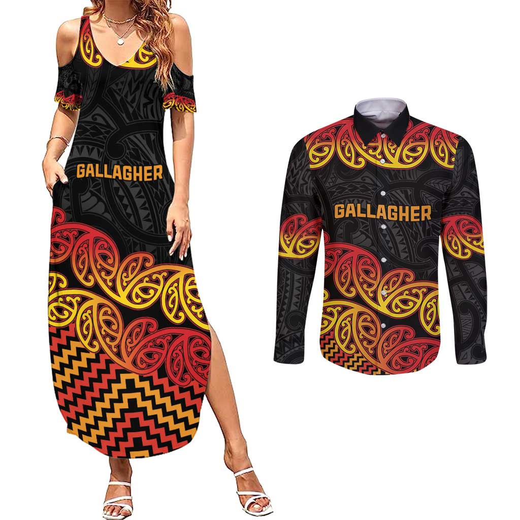New Zealand Rugby Pacific Custom Couples Matching Summer Maxi Dress and Long Sleeve Button Shirt Rangatira Maori Kowhaiwhai Pattern
