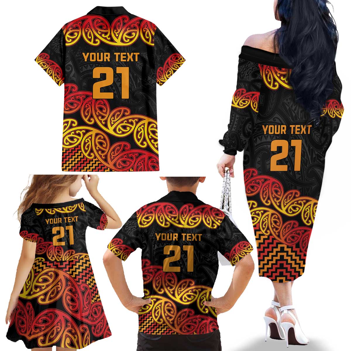 New Zealand Rugby Pacific Custom Family Matching Off The Shoulder Long Sleeve Dress and Hawaiian Shirt Rangatira Maori Kowhaiwhai Pattern