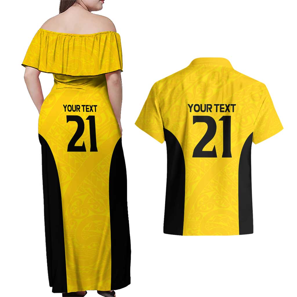 New Zealand Rugby Pacific Custom Couples Matching Off Shoulder Maxi Dress and Hawaiian Shirt Hau Awhiowhio Maori Tribal Tattoo