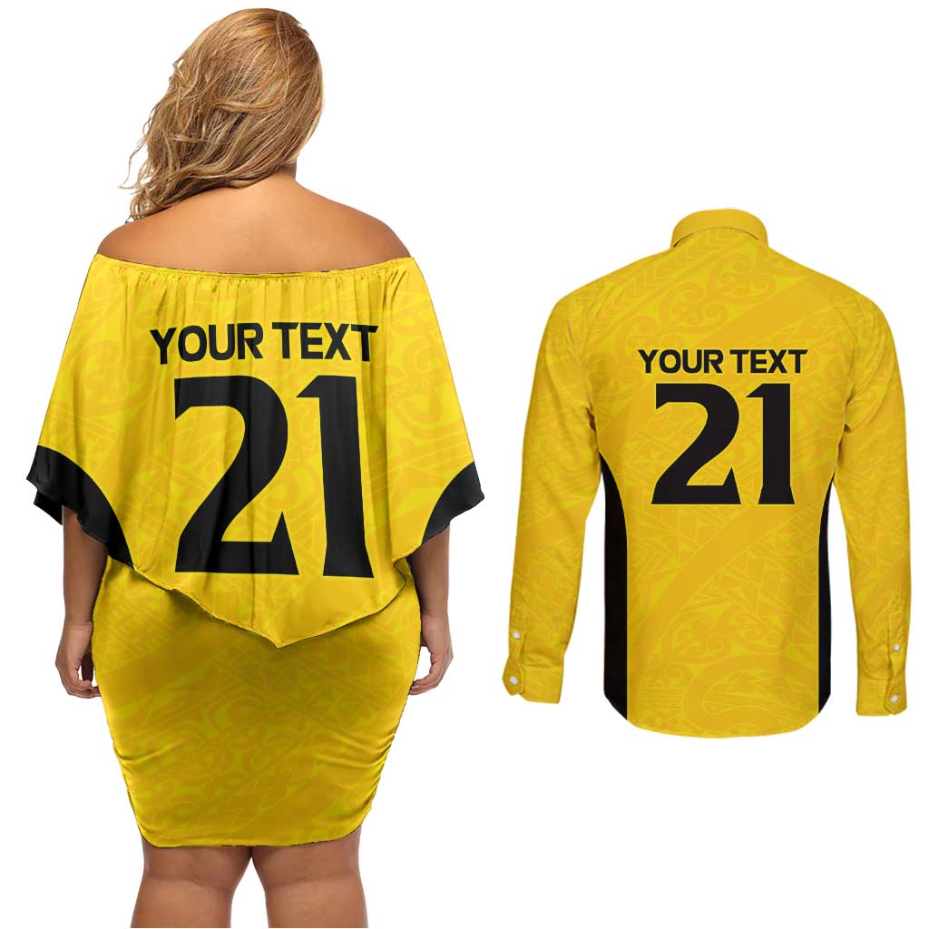 New Zealand Rugby Pacific Custom Couples Matching Off Shoulder Short Dress and Long Sleeve Button Shirt Hau Awhiowhio Maori Tribal Tattoo