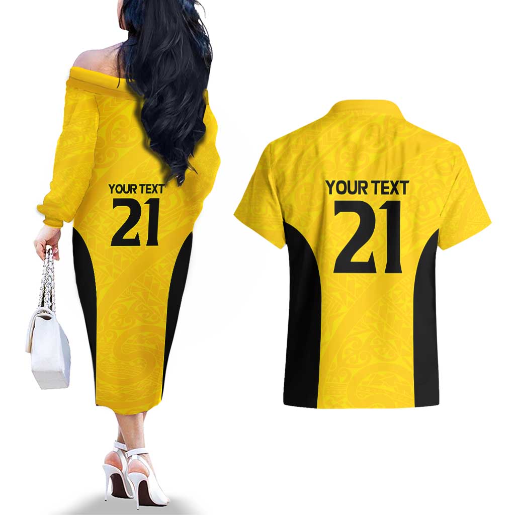 New Zealand Rugby Pacific Custom Couples Matching Off The Shoulder Long Sleeve Dress and Hawaiian Shirt Hau Awhiowhio Maori Tribal Tattoo