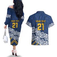 New Zealand Rugby Pacific Custom Couples Matching Off The Shoulder Long Sleeve Dress and Hawaiian Shirt Kahupeka Maori Kowhaiwhai Pattern