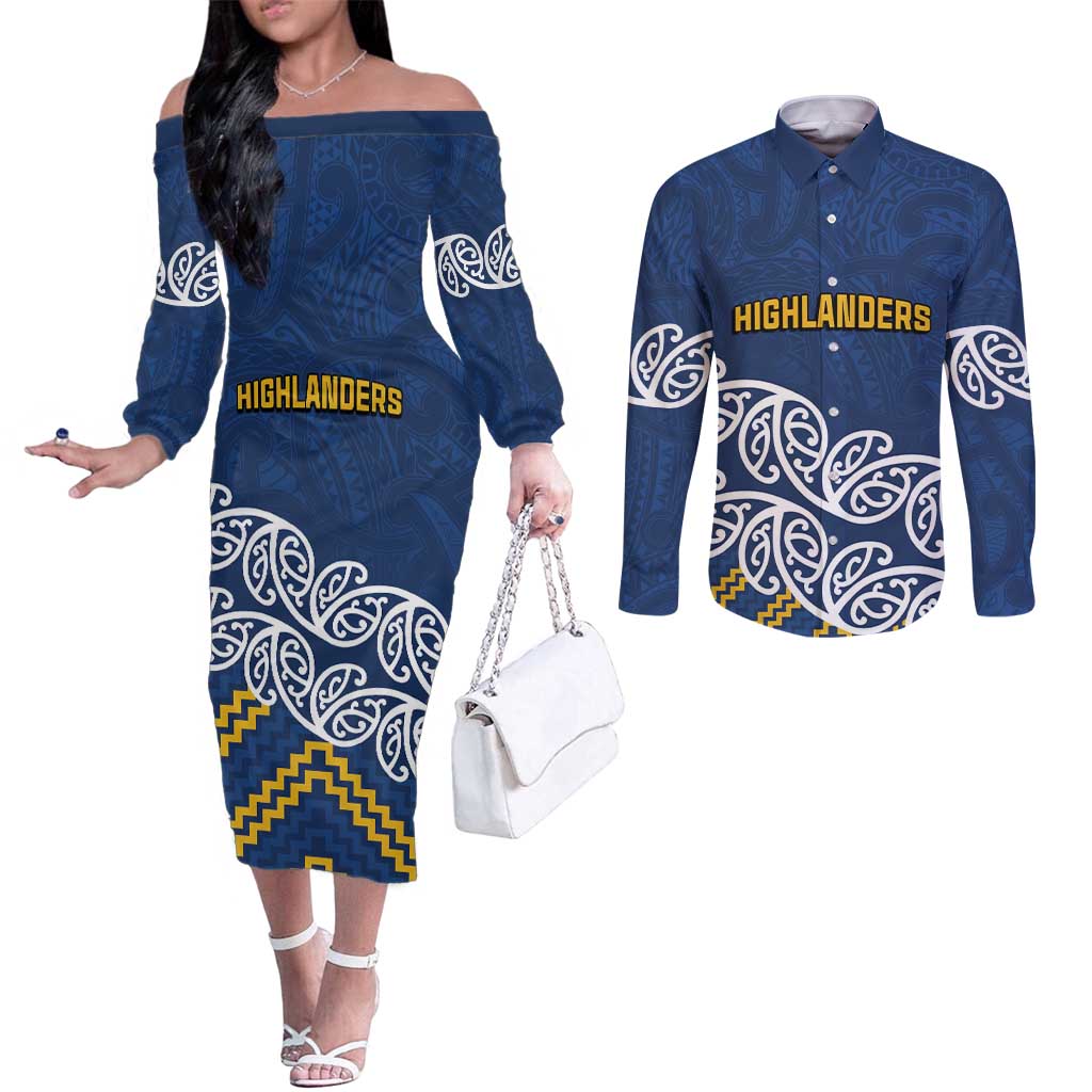 New Zealand Rugby Pacific Custom Couples Matching Off The Shoulder Long Sleeve Dress and Long Sleeve Button Shirt Kahupeka Maori Kowhaiwhai Pattern