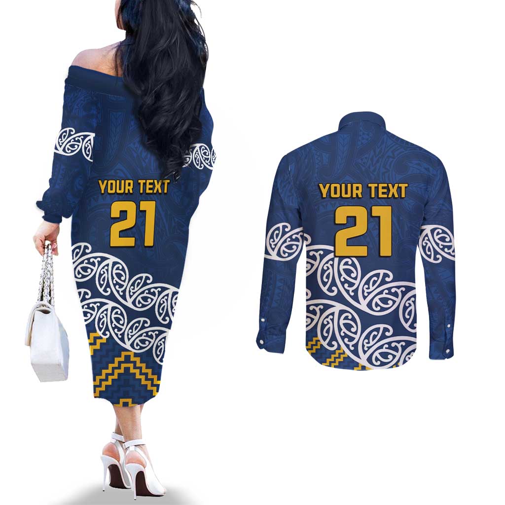 New Zealand Rugby Pacific Custom Couples Matching Off The Shoulder Long Sleeve Dress and Long Sleeve Button Shirt Kahupeka Maori Kowhaiwhai Pattern