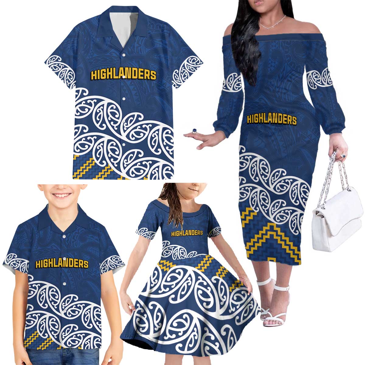 New Zealand Rugby Pacific Custom Family Matching Off The Shoulder Long Sleeve Dress and Hawaiian Shirt Kahupeka Maori Kowhaiwhai Pattern