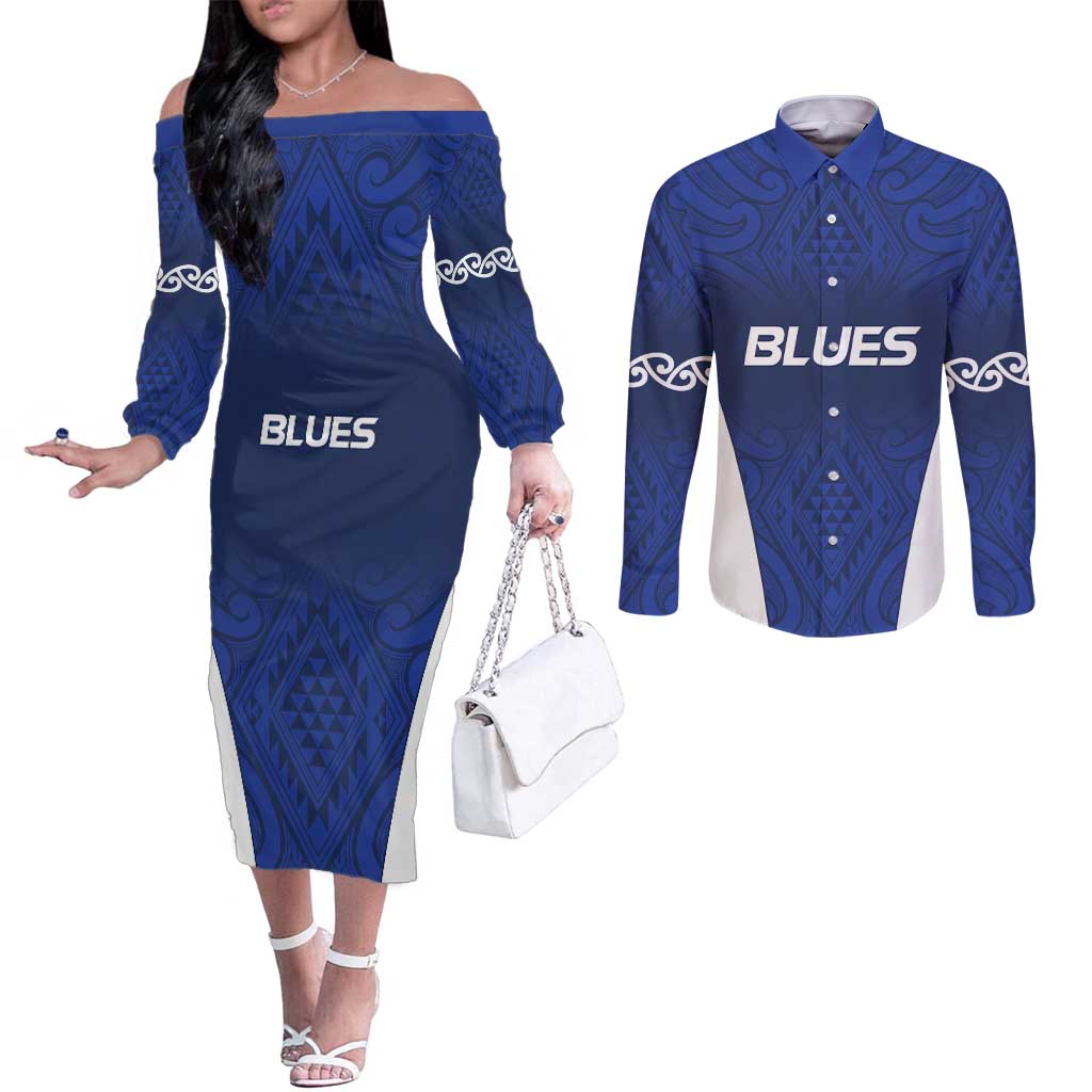 New Zealand Rugby Pacific Custom Couples Matching Off The Shoulder Long Sleeve Dress and Long Sleeve Button Shirt Kahurangi Auckland All Blue
