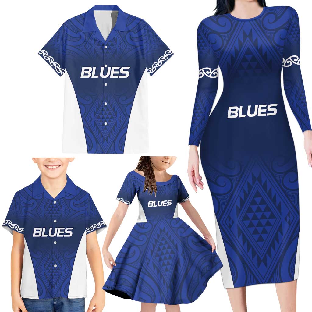 New Zealand Rugby Pacific Custom Family Matching Long Sleeve Bodycon Dress and Hawaiian Shirt Kahurangi Auckland All Blue