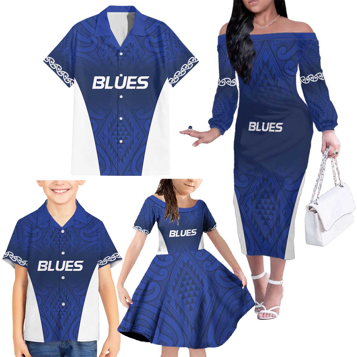 New Zealand Rugby Pacific Custom Family Matching Off The Shoulder Long Sleeve Dress and Hawaiian Shirt Kahurangi Auckland All Blue