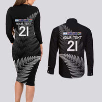 New Zealand Rugby Custom Couples Matching Long Sleeve Bodycon Dress and Long Sleeve Button Shirt Glory Be To Black Silver-fern - Polynesian Pride