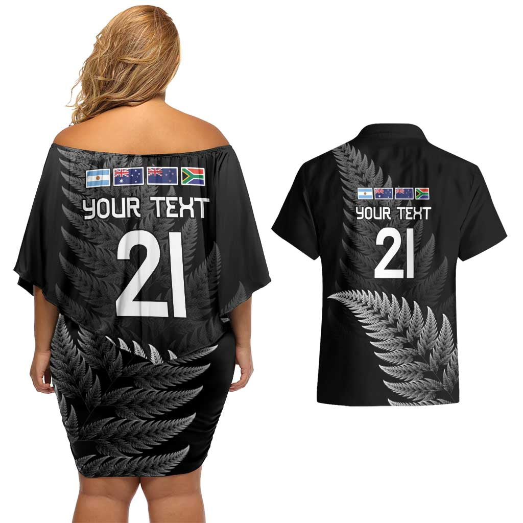 New Zealand Rugby Custom Couples Matching Off Shoulder Short Dress and Hawaiian Shirt Glory Be To Black Silver-fern - Polynesian Pride