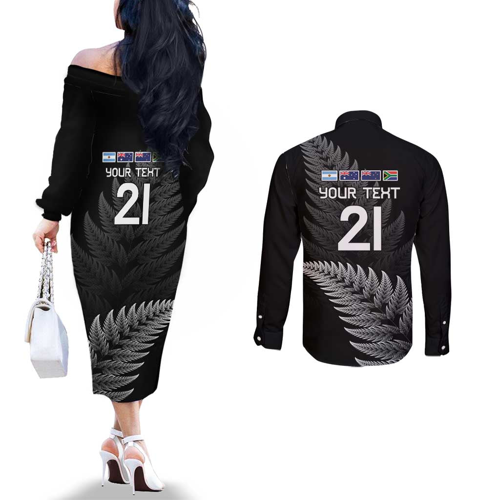 New Zealand Rugby Custom Couples Matching Off The Shoulder Long Sleeve Dress and Long Sleeve Button Shirt Glory Be To Black Silver-fern - Polynesian Pride