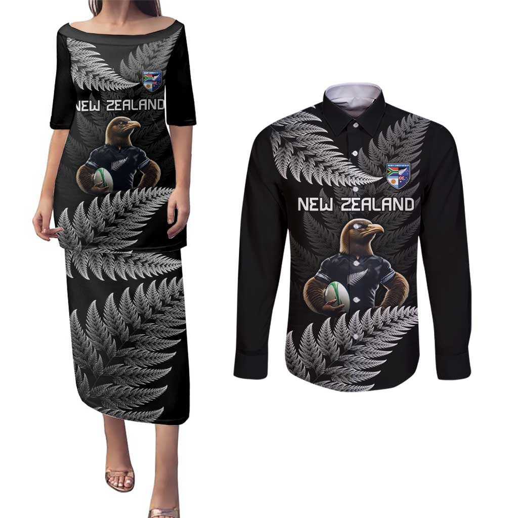 New Zealand Rugby Custom Couples Matching Puletasi and Long Sleeve Button Shirt Glory Be To Black Silver-fern - Polynesian Pride