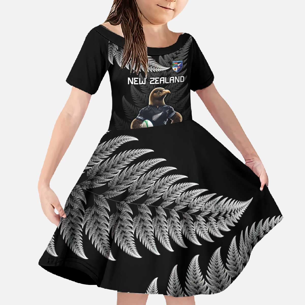 New Zealand Rugby Custom Family Matching Off The Shoulder Long Sleeve Dress and Hawaiian Shirt Glory Be To Black Silver-fern - Polynesian Pride