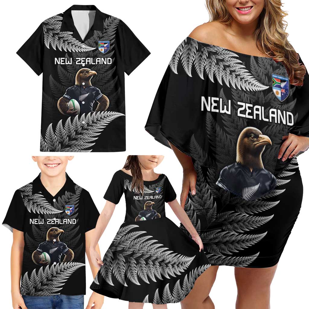 New Zealand Rugby Custom Family Matching Off Shoulder Short Dress and Hawaiian Shirt Glory Be To Black Silver-fern - Polynesian Pride