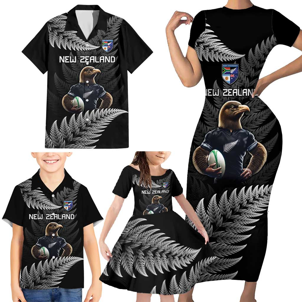 New Zealand Rugby Custom Family Matching Short Sleeve Bodycon Dress and Hawaiian Shirt Glory Be To Black Silver-fern - Polynesian Pride