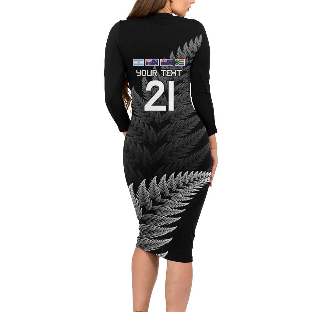 New Zealand Rugby Custom Long Sleeve Bodycon Dress Glory Be To Black Silver-fern - Polynesian Pride