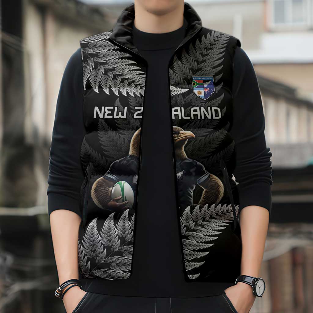 New Zealand Rugby Custom Sleeveless Puffer Jacket Glory Be To Black Silver-fern - Polynesian Pride