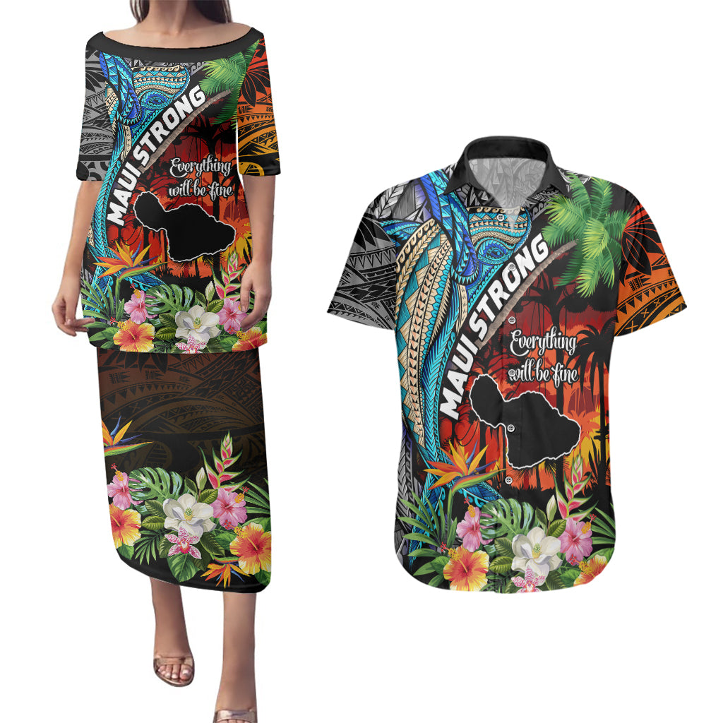 Hawaii Strong Maui Wildfire Couples Matching Puletasi Dress and Hawaiian Shirt Pray For Lahaina Maui LT9 Black - Polynesian Pride