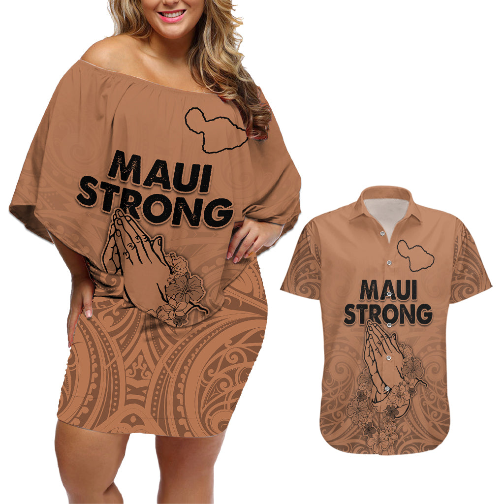 Hawaii Strong Maui Wildfire Couples Matching Off Shoulder Short Dress and Hawaiian Shirt No1 LT9 Gold - Polynesian Pride