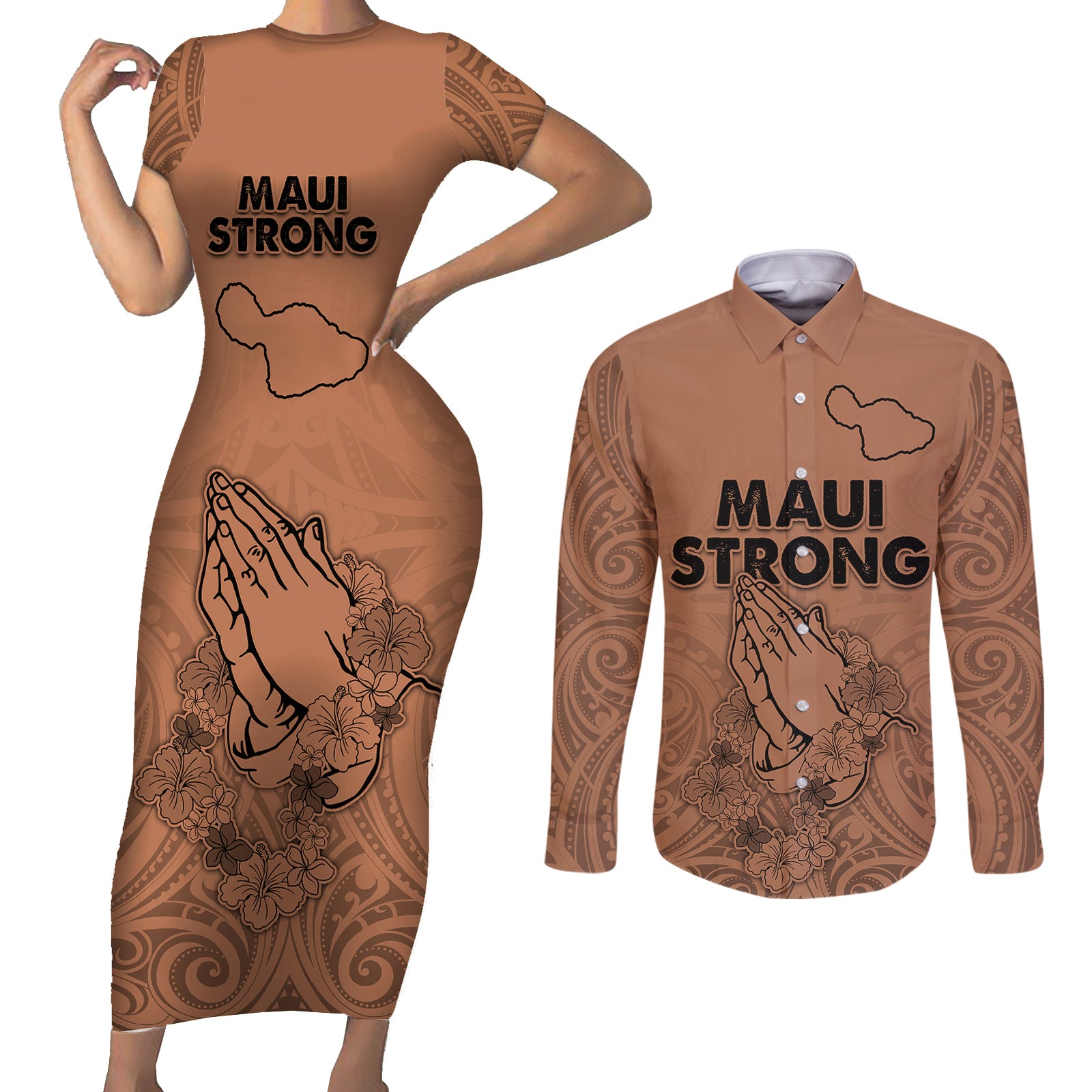 Hawaii Strong Maui Wildfire Couples Matching Short Sleeve Bodycon Dress and Long Sleeve Button Shirts No1 LT9 Gold - Polynesian Pride
