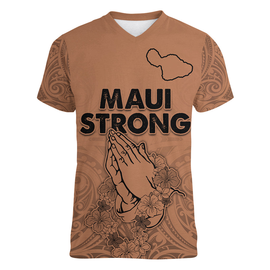 Hawaii Strong Maui Wildfire Women V Neck T Shirt No1 LT9 Female Gold - Polynesian Pride