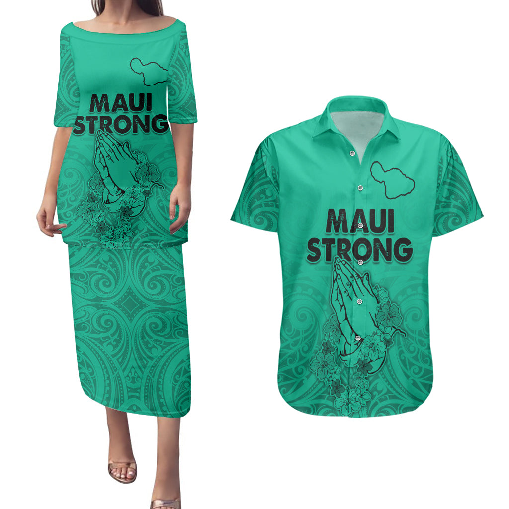 Hawaii Strong Maui Wildfire Couples Matching Puletasi Dress and Hawaiian Shirt No2 LT9 Green - Polynesian Pride