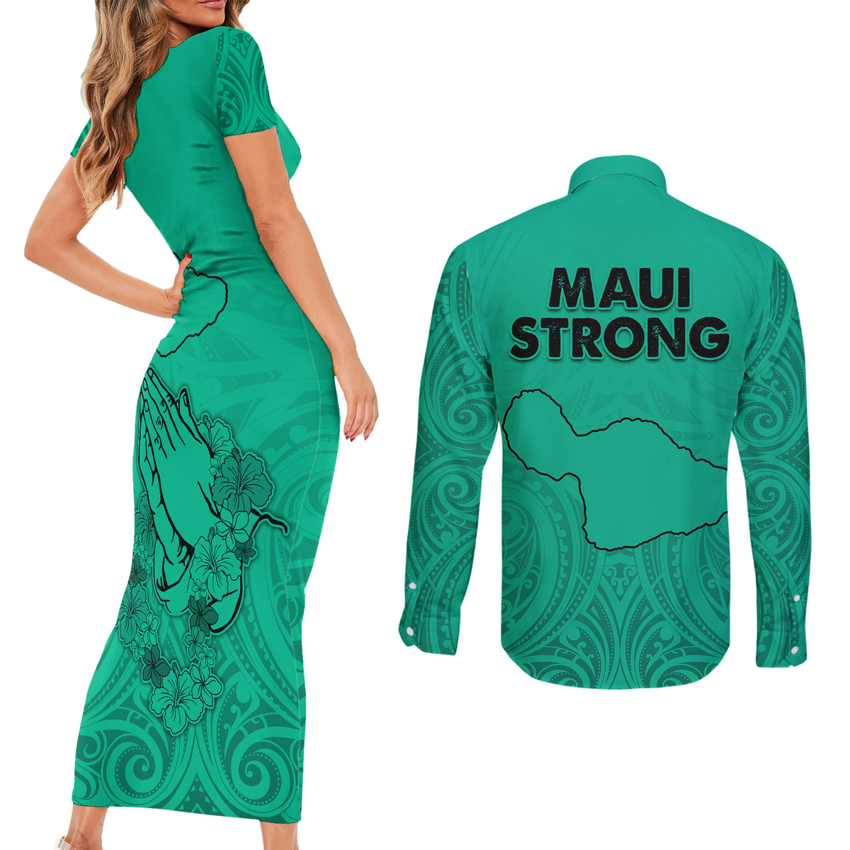 Hawaii Strong Maui Wildfire Couples Matching Short Sleeve Bodycon Dress and Long Sleeve Button Shirts No2 LT9 - Polynesian Pride