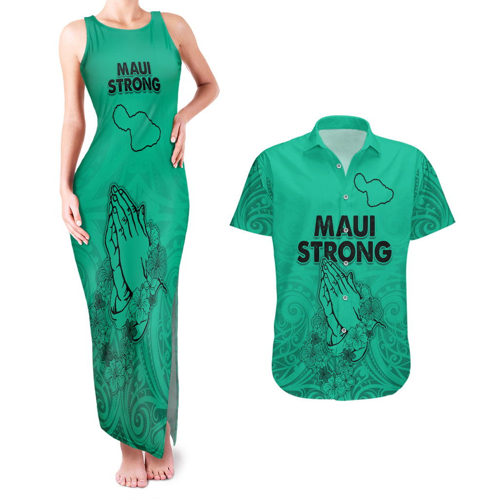 Hawaii Strong Maui Wildfire Couples Matching Tank Maxi Dress and Hawaiian Shirt No2 LT9 Green - Polynesian Pride