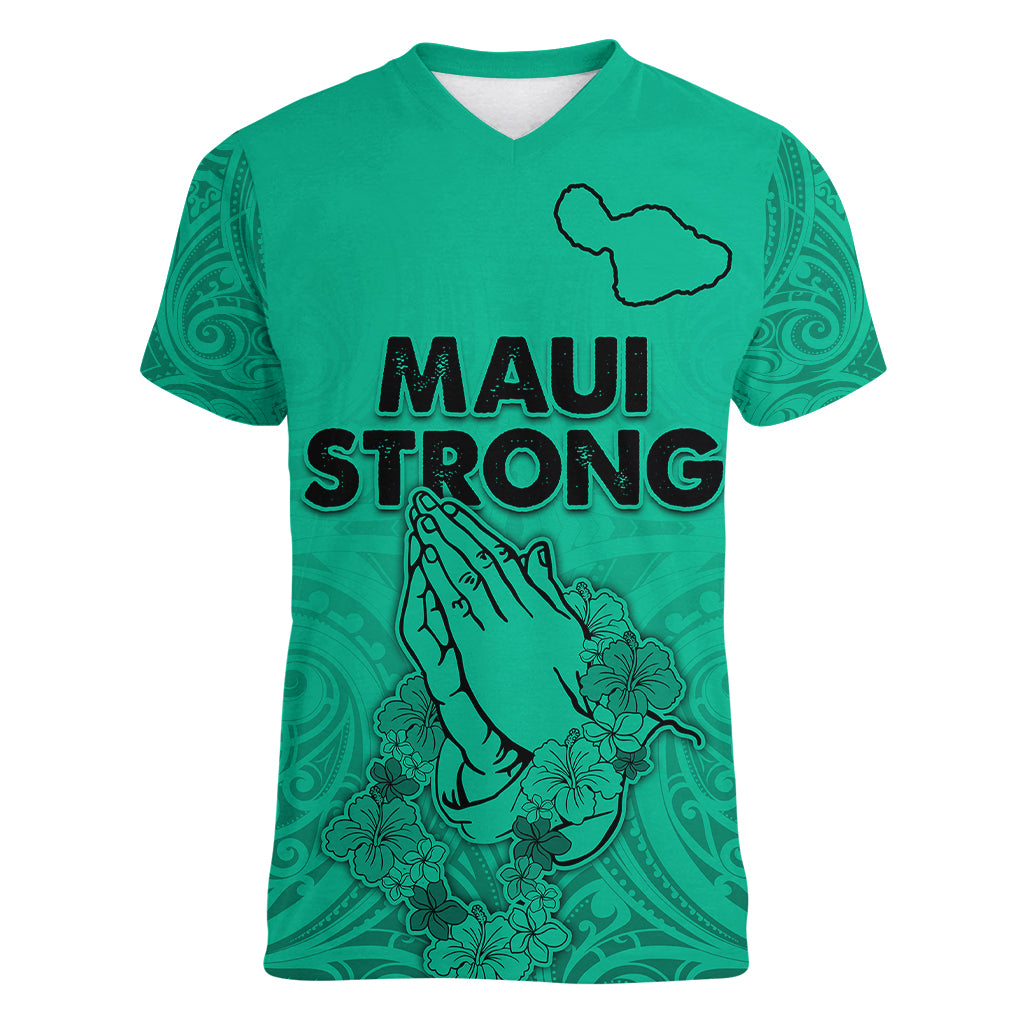 Hawaii Strong Maui Wildfire Women V Neck T Shirt No2 LT9 Female Green - Polynesian Pride