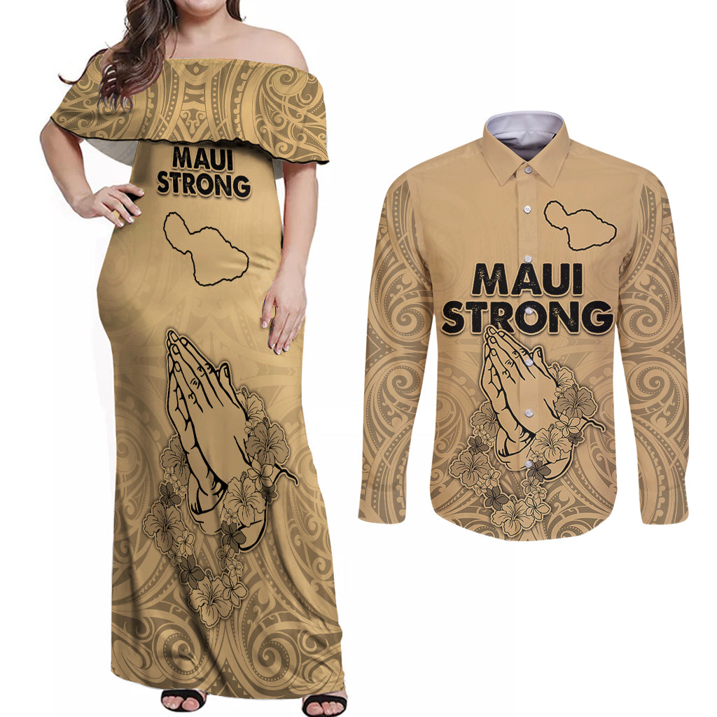 Hawaii Strong Maui Wildfire Couples Matching Off Shoulder Maxi Dress and Long Sleeve Button Shirts No3 LT9 Nude - Polynesian Pride