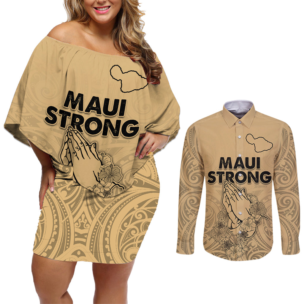 Hawaii Strong Maui Wildfire Couples Matching Off Shoulder Short Dress and Long Sleeve Button Shirts No3 LT9 Nude - Polynesian Pride