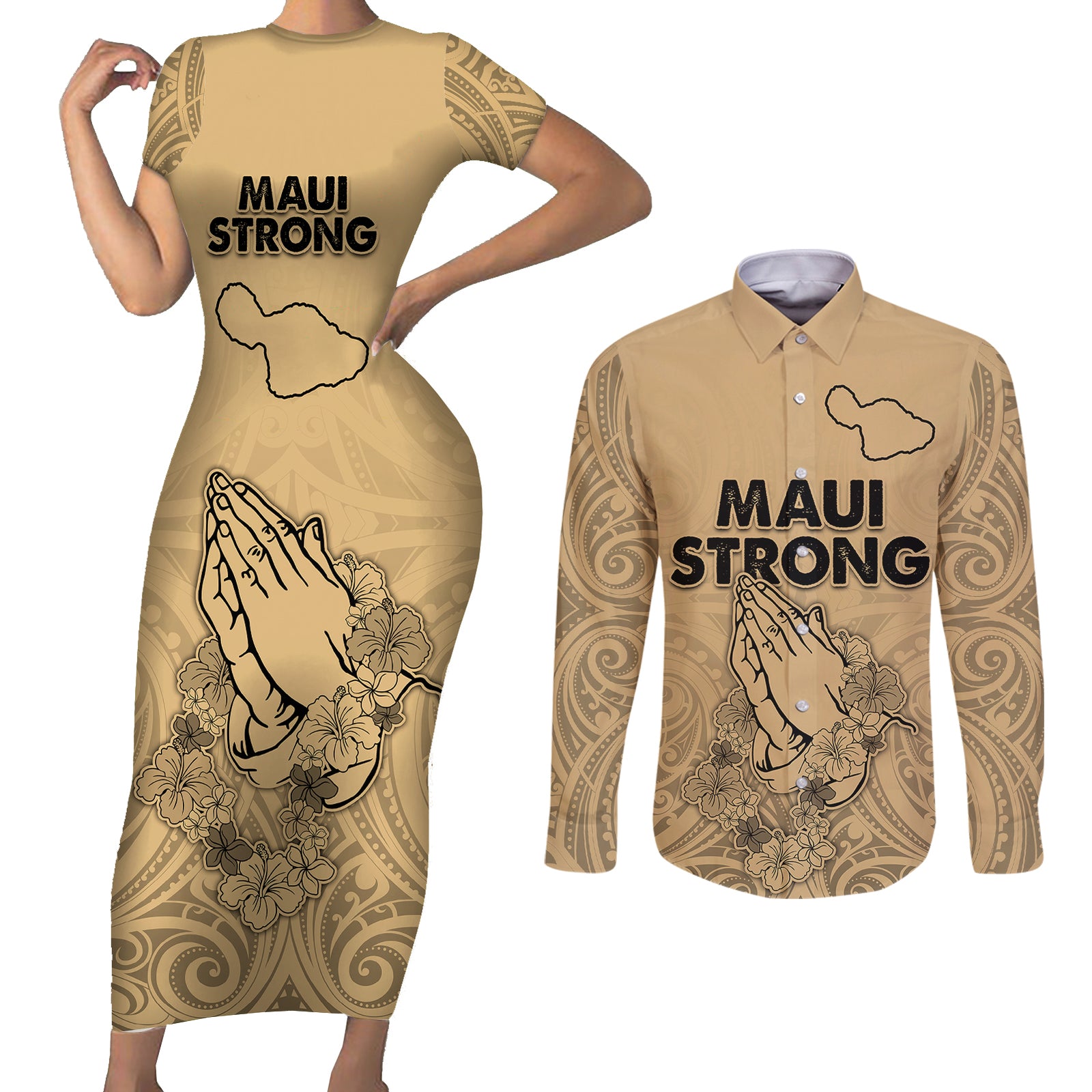 Hawaii Strong Maui Wildfire Couples Matching Short Sleeve Bodycon Dress and Long Sleeve Button Shirts No3 LT9 Nude - Polynesian Pride